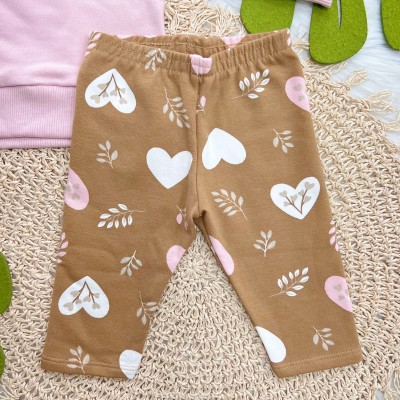 Conj. Casaco de Moletom Dois Ursinhos e Calça Legging Corações - Rose e Marrom